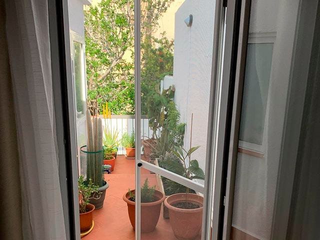 Mosquitera practicable en la puerta de una terraza con plantas